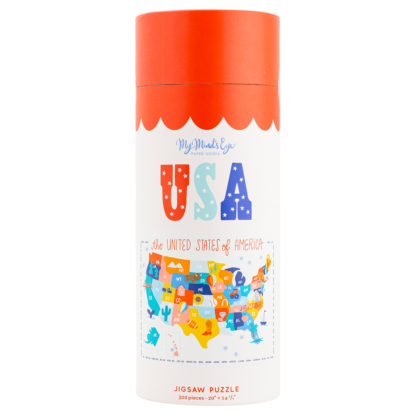 This USA 300 piece puzzle on a rectangular puzzle background with the shape of the United States of  America with fun bright colors and the letters in a cartoon, kid like font with logos scattered throughout to represent different areas in USA