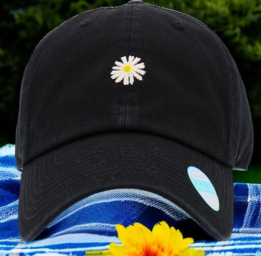 Black Hat with Small White Daisy
