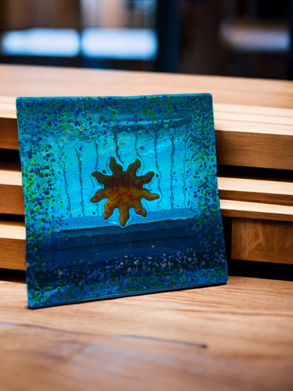 Fused Glass Bright Blue + Sun 6.5 x 6.5 Tray