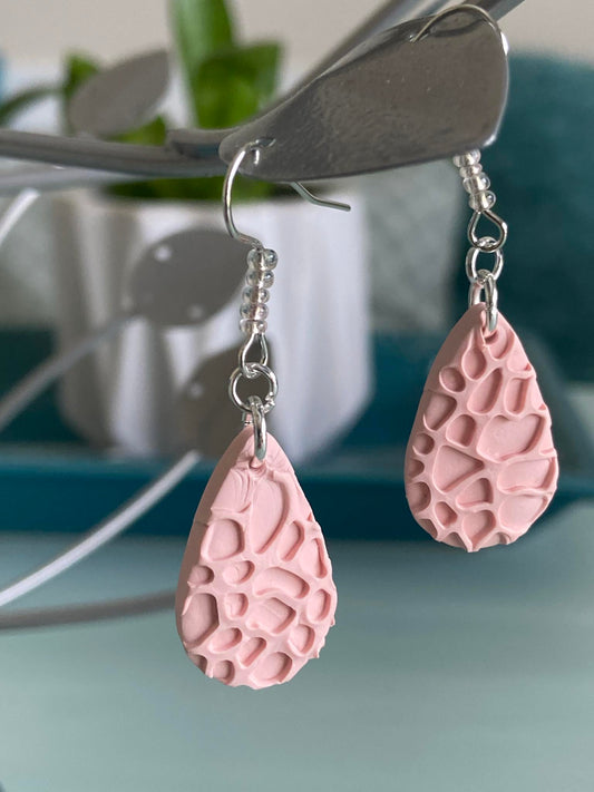 Coral Teardrop Polymer Clay Earrings with Glass Beads
