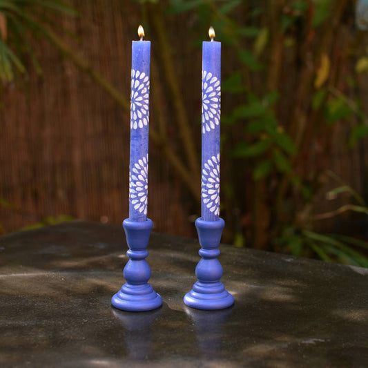 Royal Blue Hand Painted Candles with White Petals